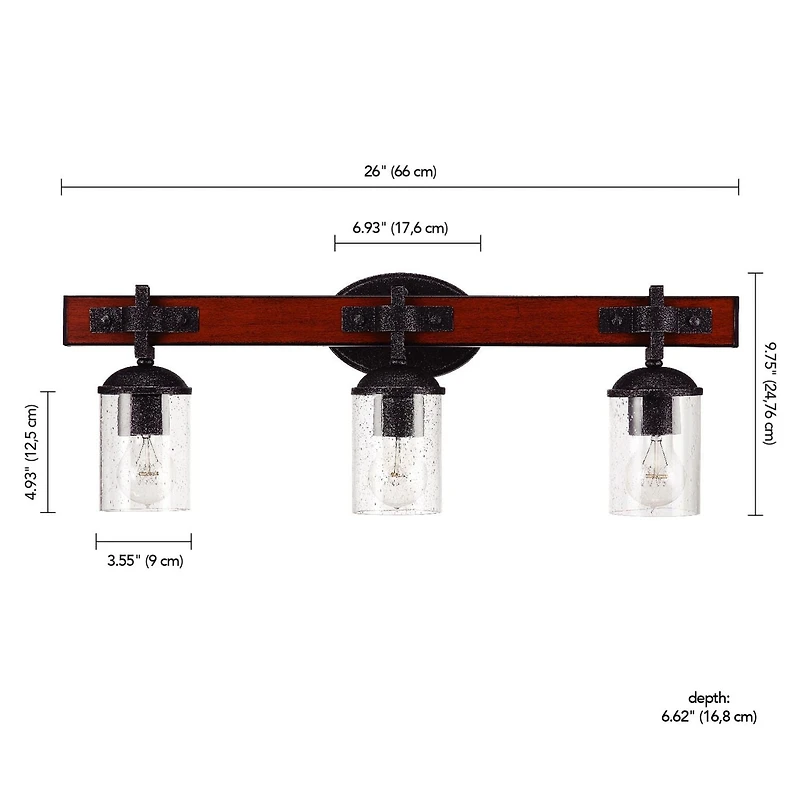Globe Electric Kingston 3-Light Vanity Light, Dark Faux Wood, Galvanized Metal Accents, Clear Seeded Glass Shade, 51854