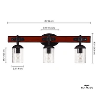 Globe Electric Kingston 3-Light Vanity Light, Dark Faux Wood, Galvanized Metal Accents, Clear Seeded Glass Shade, 51854