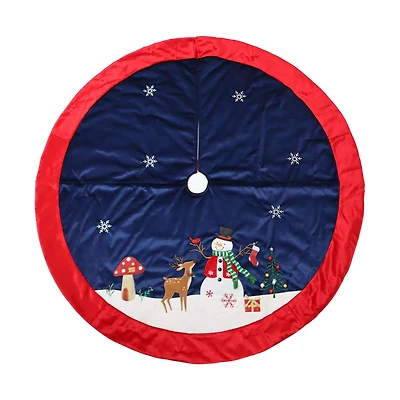 Holiday time,Velvet Snowman Tree Skirt,48 inch,mulit colour, Snowman Christmas Tree Skirt,Velvet material,trim red color,Snowman wear a black hat and stand in snow ground surrounded with snowflakes,stocking and bird.a reindeer next to the snowman,there is flower and mushroom on the snow ground.