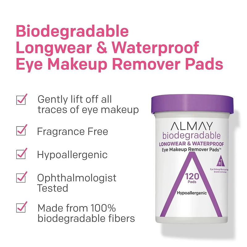 Tampons démaquillants pour les yeux Almay Lingettes biodégradables pour maquillage hydrofuge 120 ct.