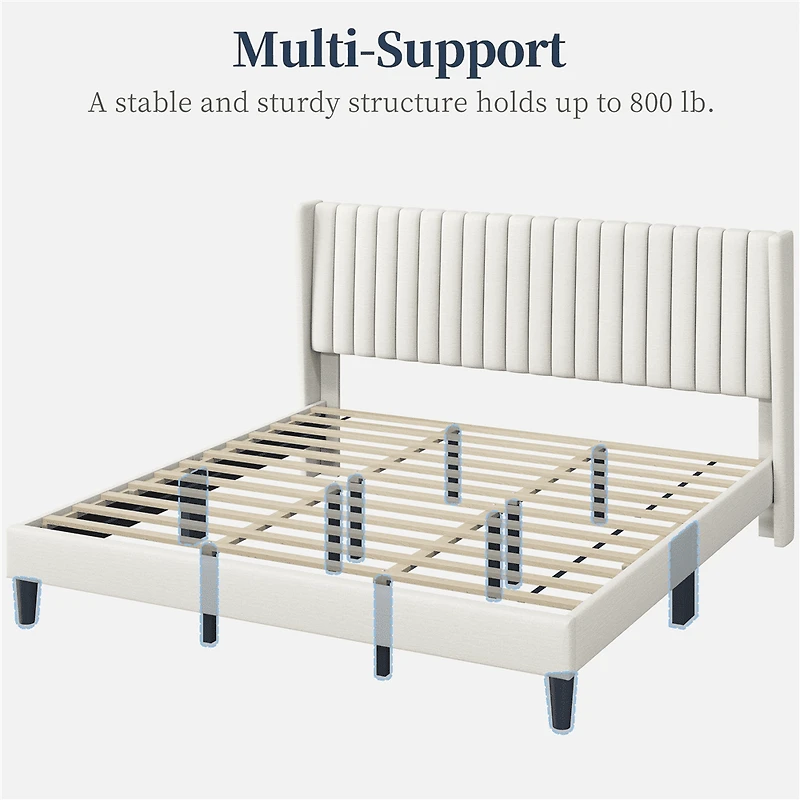 Fullfurnique Upholstered Bed Frame with Wing Side and Channel Headboard, King, Ivory