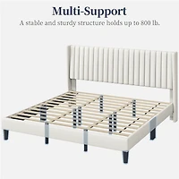 Fullfurnique Upholstered Bed Frame with Wing Side and Channel Headboard, King, Ivory