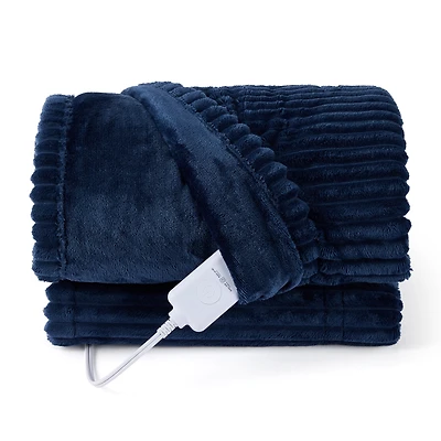 Sunbeam Extra Long Heated Throw Blanket Ribbed Velvet 4 Heat Settings Auto-Off Big Blue 50 x 70, SUNBEAM THW SB TXRD VLVT BL