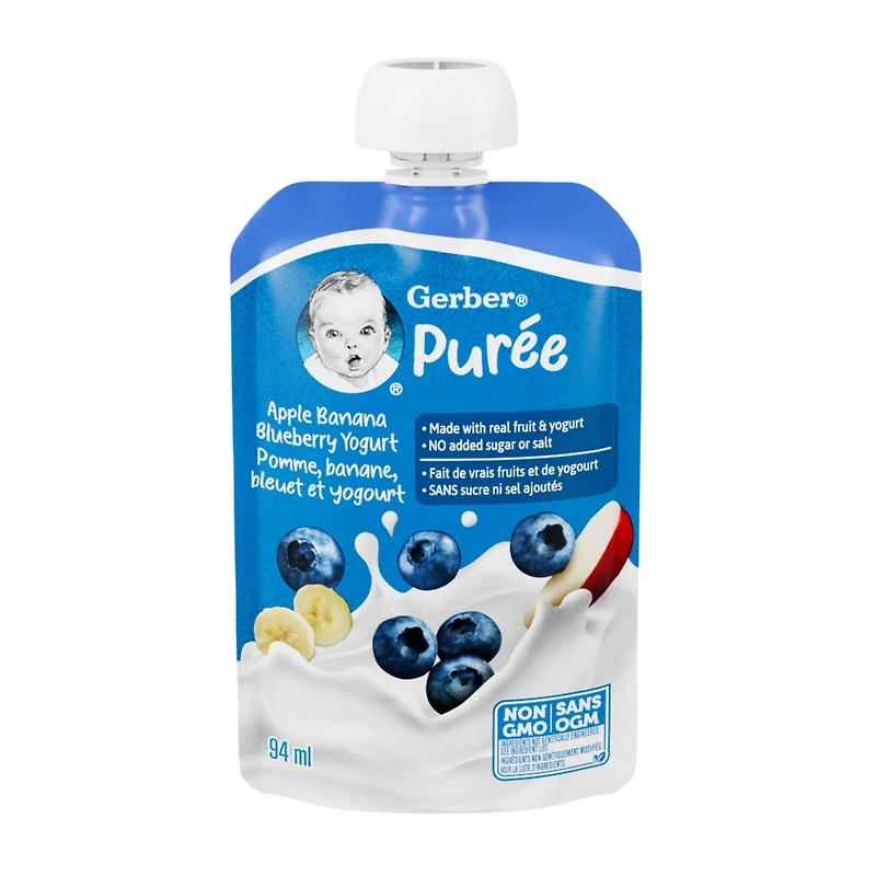 GERBER Purée Pomme, banane, bleuet et yogourt, faite avec du yogourt et de vrais fruits, pour bébés et tout-petits, sans sucre ni sel ajoutés, sans OGM, sachet refermable 94 ml