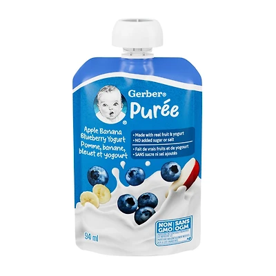 GERBER Purée Pomme, banane, bleuet et yogourt, faite avec du yogourt et de vrais fruits, pour bébés et tout-petits, sans sucre ni sel ajoutés, sans OGM, sachet refermable 94 ml