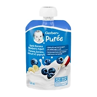GERBER Purée Pomme, banane, bleuet et yogourt, faite avec du yogourt et de vrais fruits, pour bébés et tout-petits, sans sucre ni sel ajoutés, sans OGM, sachet refermable 94 ml