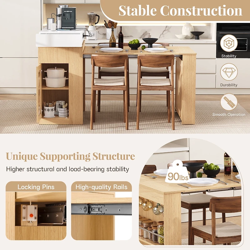Table de salle à manger extensible Noble House HORIZON avec plateau rabattable, table de bar avec tiroirs et prise électrique (Naturel + Blanc crème)