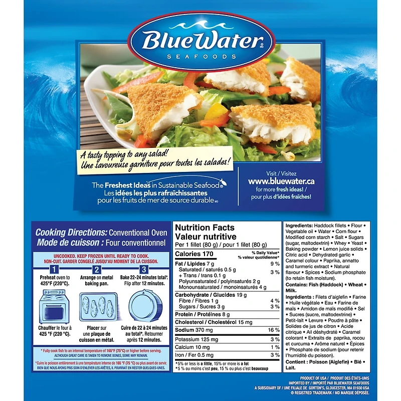 BlueWater Seafoods Crunchy Breaded Haddock, Wild Caught Haddock, Frozen, 7 Count, 525 g, Crunchy breaded haddock fillets