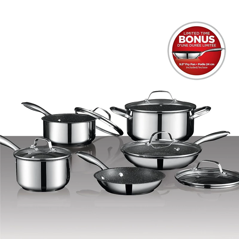 Starfrit The Rock - 10pc Stainless Steel Cookware Set + BONUS 9.5" The Rock Stainless Steel Fry Pan
