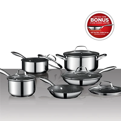 Starfrit The Rock - 10pc Stainless Steel Cookware Set + BONUS 9.5" The Rock Stainless Steel Fry Pan