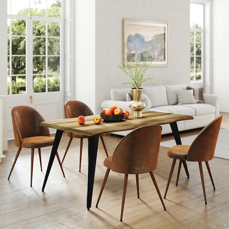Ensemble table à manger Homy Casa 160 cm avec 1 table et 4 chaises à dossier haut, plateau en noyer moderne à bords ondulés, revêtement en similicuir brun