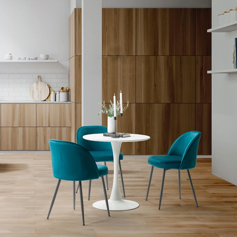 CorLiving Ivo 4-Piece Modern Round White Marbled Pedestal Indoor Dining Table Set with Velvet Upholstered Chairs