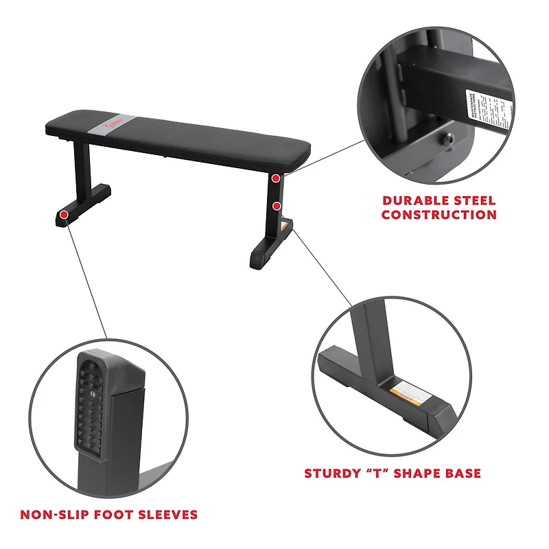Sunny Health & Fitness Flat Weight Bench for Workout, Exercise and Home Gyms with 227 KG Weight Capacity - SF-BH620037