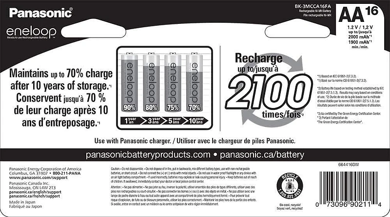Panasonic Eneloop Piles rechargeables pré-chargées AA 2100 cycles Ni-MH, (Paquet de de 16)