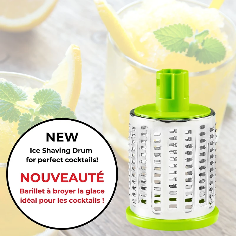Starfrit Râpe à Tambour Avec 4 Barillets en Inox Interchangeables, Lames Ultra Tranchantes, Base Ventouse Stable, Poussoir Sécuritaire, Parfaite Pour Râper Et Trancher Légumes, Fromage, Glace Râpée Râpez, tranchez ou râpez finement avec la râpe rotative Starfrit. Comprend 3 barillets en acier inoxydable, base ventouse et poussoir sécuritaire. Aucun assemblage requis. Parfait pour légumes, fromages, chocolat, glace et plus!