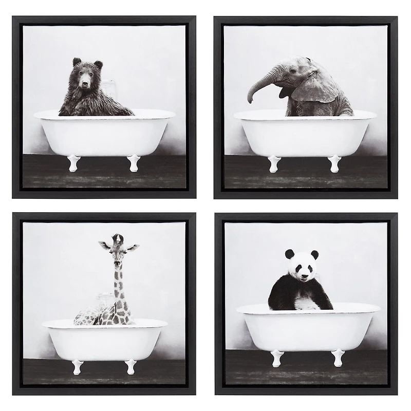 DesignOvations Baby Giraffe in the Tub Framed Canvas Wall Art, 14" x 14"