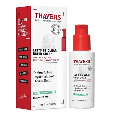 Let's Be Clear Water Face Cream, crème hydratante à base d'acide azélaïque et d'acide hyaluronique, pour les peaux mixtes à grasses, 75 ML Hydrate, matifie et nettoie instantanément