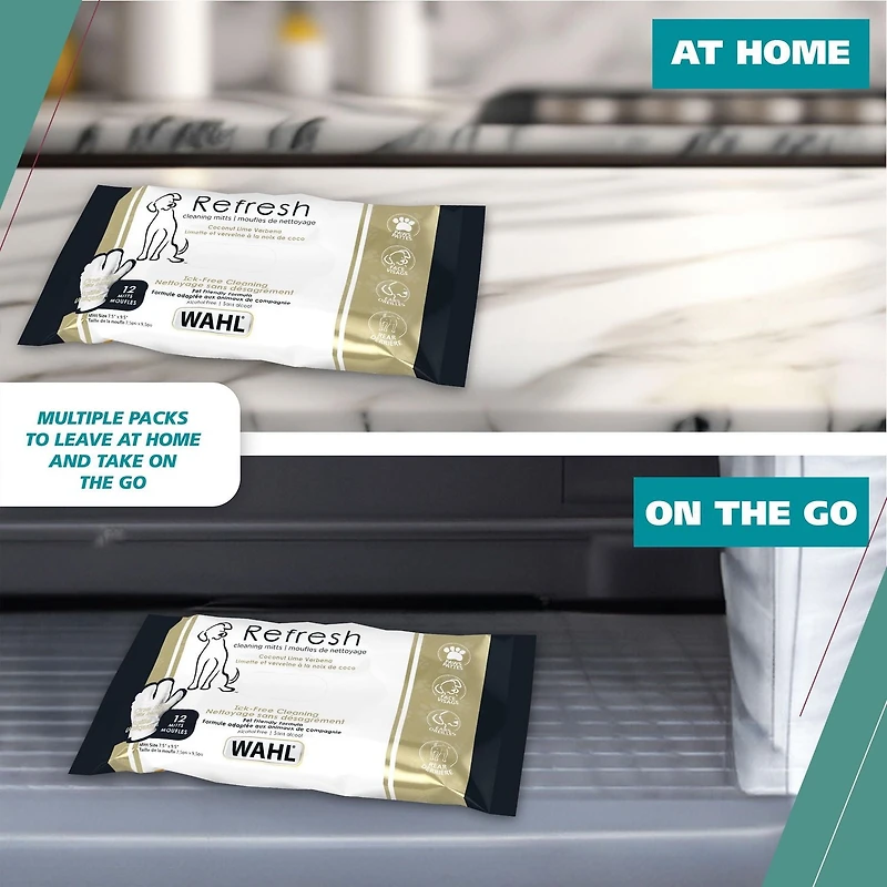 Wahl Mitt Wipes - 24 lingettes pour chiens à 3 doigts avec flocons d'avoine, aloès et karité - Parfum noix de coco et citron vert - Modèle 58553 Lingettes pour gants pour chiens