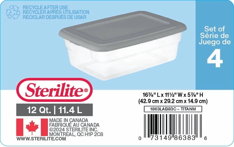 Ensemble de (4) boîtes de rangement Sterilite de 11,4 litres, bacs de rangement en plastique transparent, couvercle à enclenche, gris
