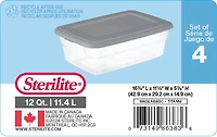 Ensemble de (4) boîtes de rangement Sterilite de 11,4 litres, bacs de rangement en plastique transparent, couvercle à enclenche, gris