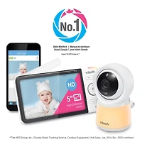 VTech RM5754HD Moniteur vidéo de bébé 1080p intelligent Wi-Fi de 5 po doté d'une caméra HD, d'une veilleuse intégrée et d'une caméra, blanc RM5754HD de VTech