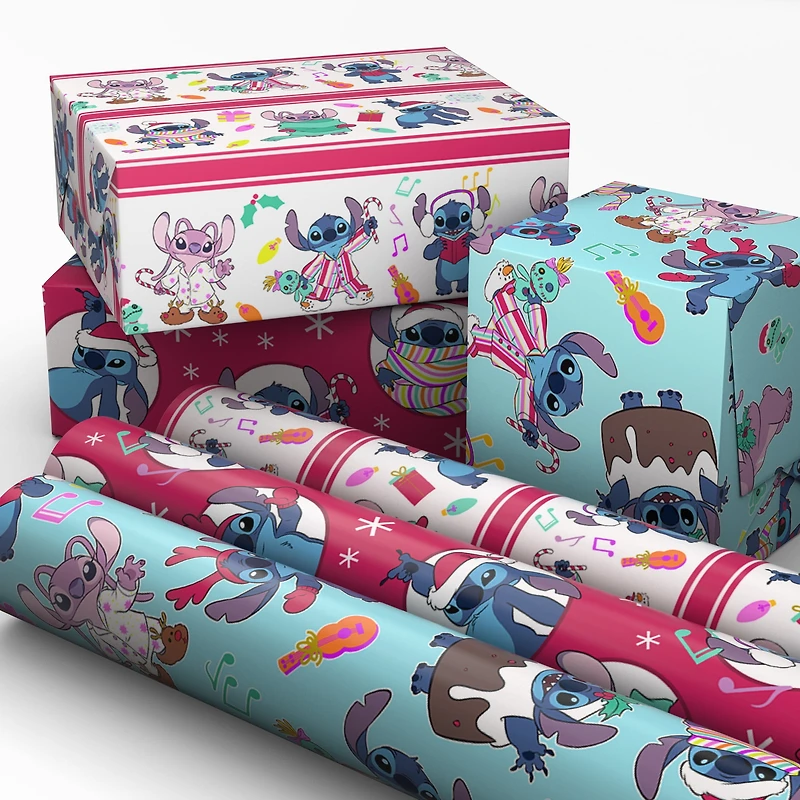 Paquet de 3 rouleaux de papier cadeau aux motifs variés des fêtes, Stitch et Angel, avec lignes de découpage au verso