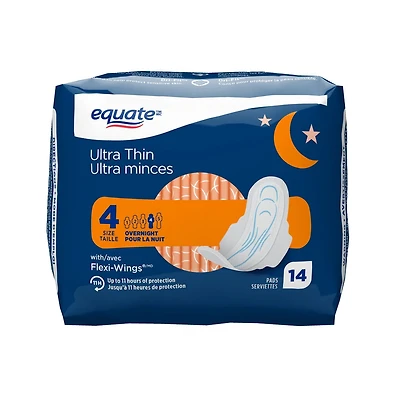 Serviettes ultra minces Equate à absorption de nuit avec Flexi-Wings, taille 4, 14 unités 14 serviettes ultra minces, taille 4, sans parfum, avec Flexi-Wings