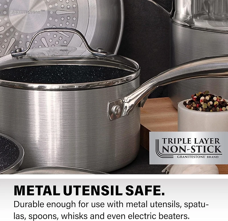 Granitestone Casserole antiadhésive de 3 litres avec couvercle en verre, petite casserole avec couvercle - Revêtement ultra durable avec extérieur brossé argenté - 100 % sans PFOA - Passe au lave-vais