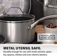 Granitestone Casserole antiadhésive de 3 litres avec couvercle en verre, petite casserole avec couvercle - Revêtement ultra durable avec extérieur brossé argenté - 100 % sans PFOA - Passe au lave-vais