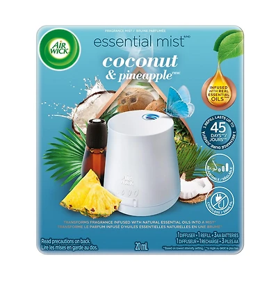 Ensemble de diffuseur d'huile parfumée Air Wick Essential Mist, noix de coco et ananas, 1 diffuseur + 1 recharge, Assainisseur d'air Diffuseurs de brume faciles.
