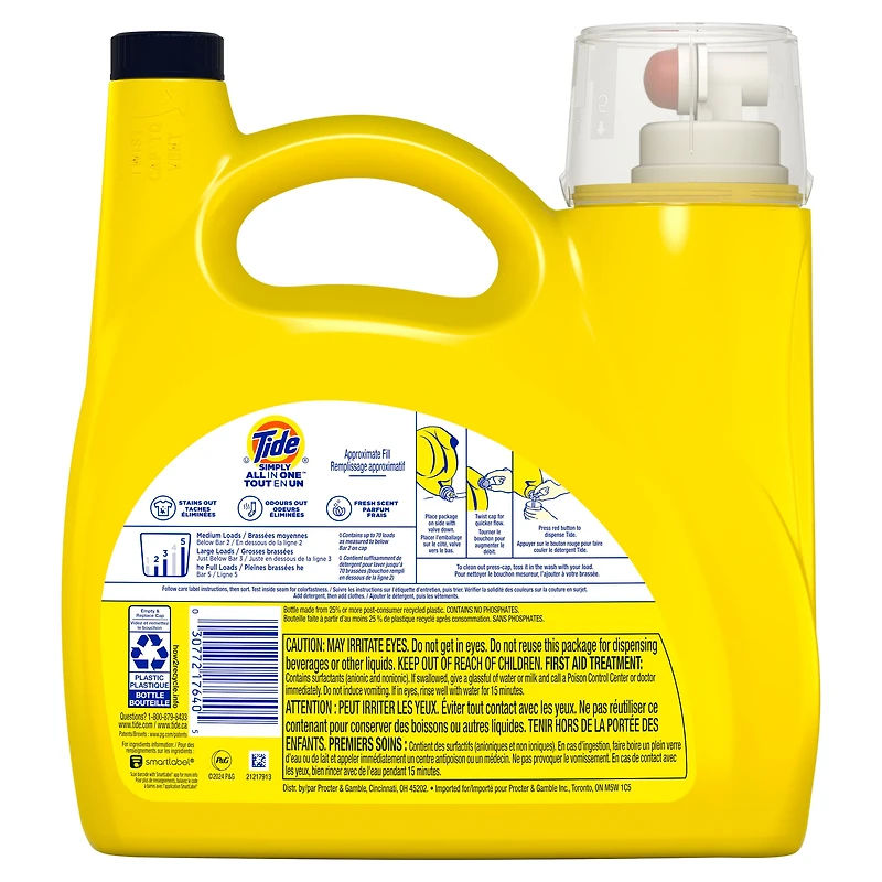 Détergent à lessive liquide Tide Simply Tout-en-un, parfum Fleur d’oranger, 70 brassées, 2,72 L