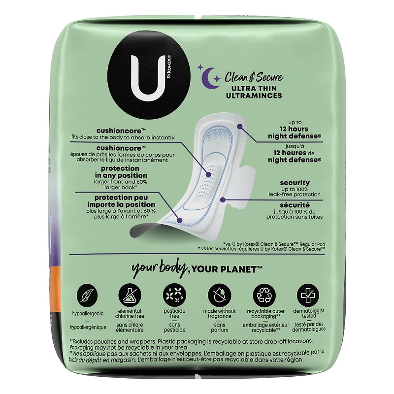 U by Kotex Clean & Secure Ultra Thin Overnight Pads with Wings, 40 Count