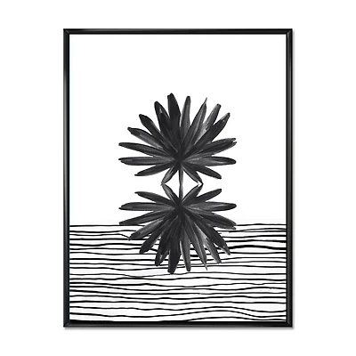 Designart Feuille tropicale noire et blanche sur rayures II ART MURAL À CADRE FLOTTÉ