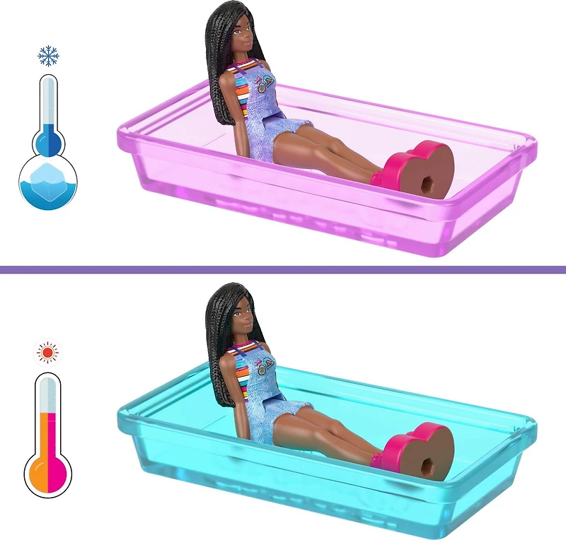 Coffret poupée et véhicule jouet ​Mini BarbieLand Barbie, poupée Barbie de 3,81 cm (1,5 po) et Autocaravane de rêve avec portes qui s’ouvrent vraiment et piscine à changement de couleur