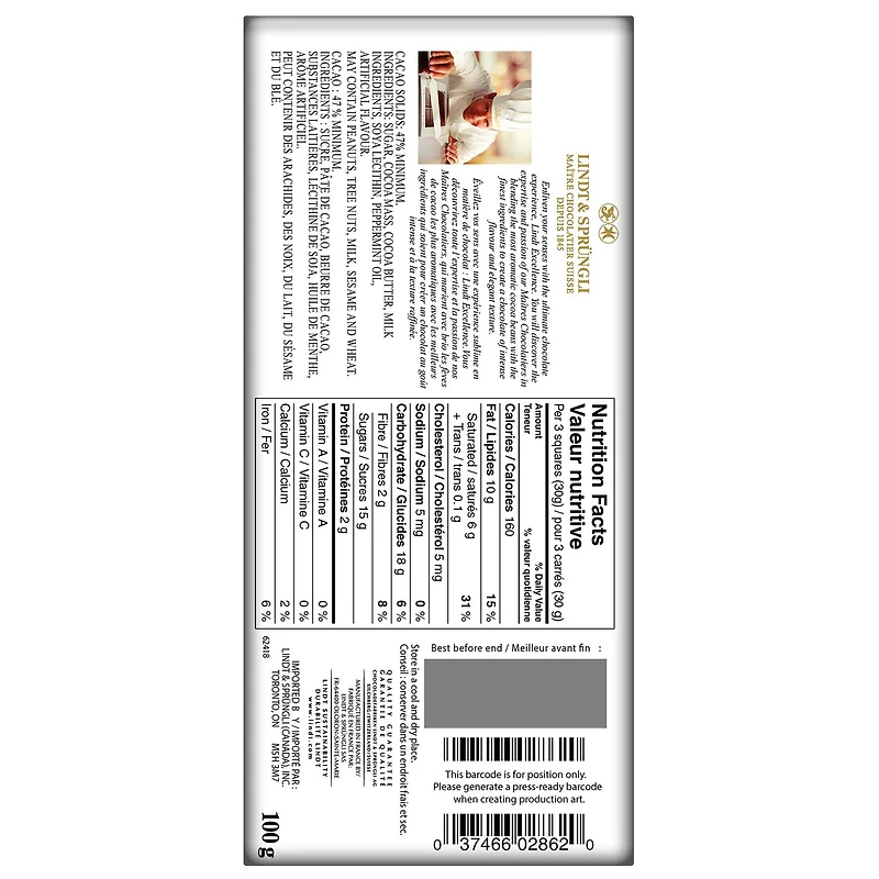 Lindt EXCELLENCE Intense Mint Dark Chocolate Bar, 100 Grams, Fresh Mint, Dark Chocolate