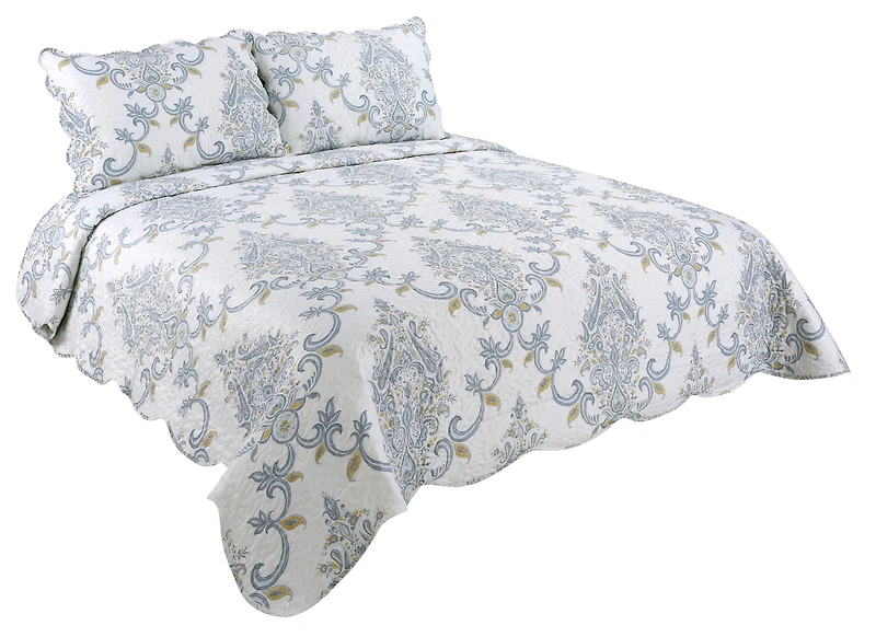 Marina Decoration Rich Printed Stitching Coverlet Bedspread Ultra Soft Bedding Summer Quilt Set with Quilted Sham, Classic Blue Yellow Paisley Pattern