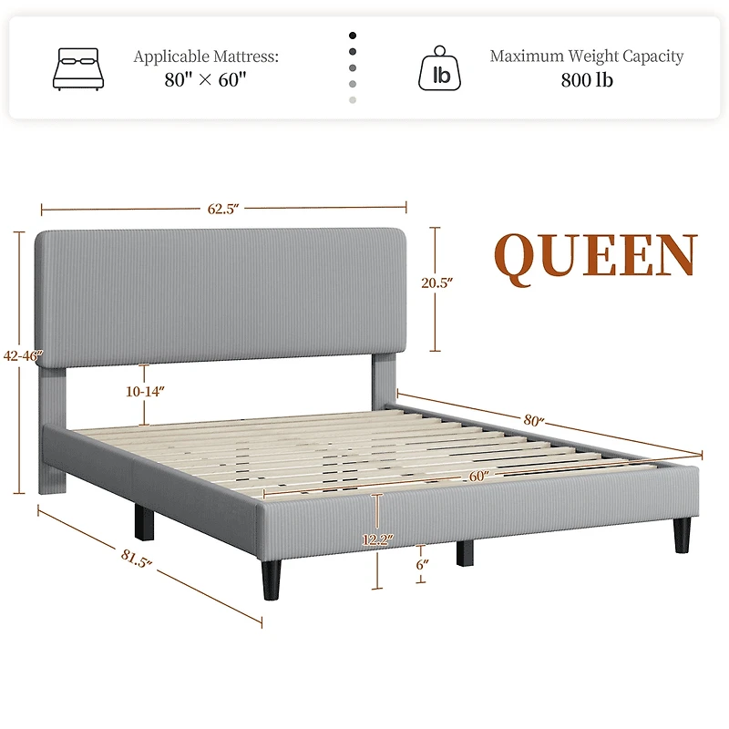 FullFurnique Upholstered Platform Bed Frame with Wooden Slat Support, Queen, Light Gray