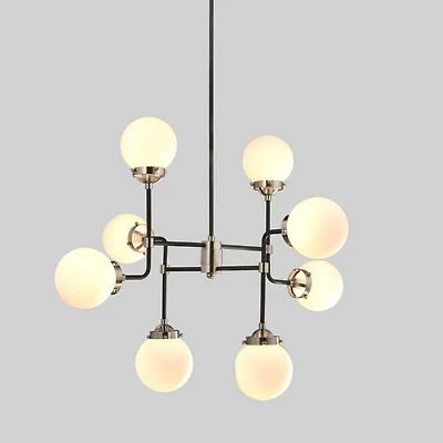 PENDENTIF BURNABY<br>Suspension à 8 ampoules avec abat-jour en verre blanc et cadre en métal de couleur noir et nickel.