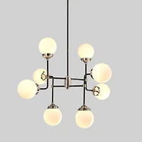 PENDENTIF BURNABY<br>Suspension à 8 ampoules avec abat-jour en verre blanc et cadre en métal de couleur noir et nickel.