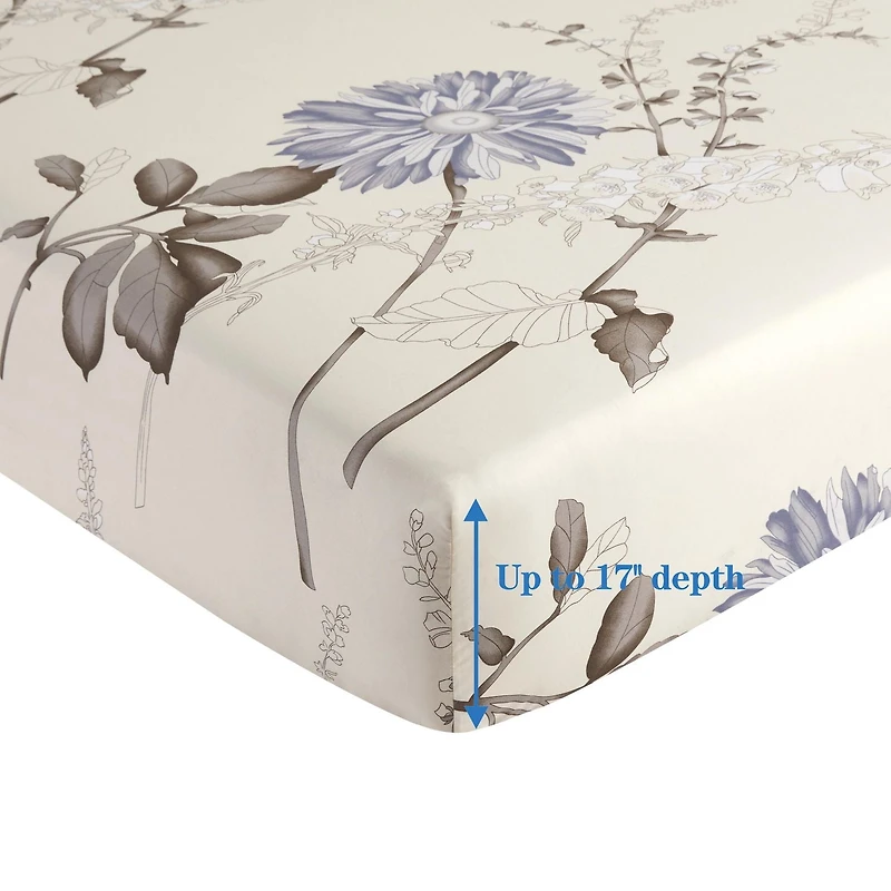 Marina Decoration Ultra Soft Silky Deep Pocket Rich Printed Bedding Rayon from Bamboo All Season Sheet Set with Pillowcases, Blue Chrysanthemum Floral Pattern
