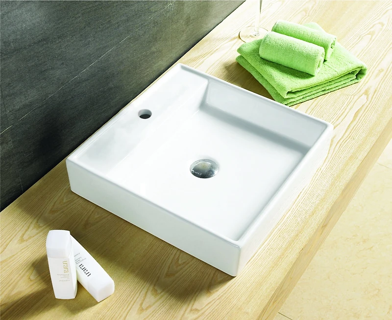Lavabo vasque carré American Imaginations, 44,45 cm de largeur par 44,45 cm de profondeur, couleur blanc, pour robinet simple.