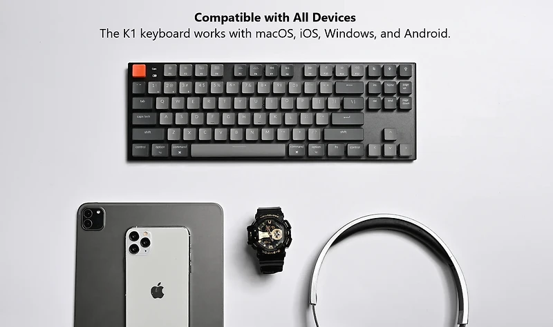 Keychron K1 V2 Clavier mécanique sans fil à profil bas - Noir - DEL blanche - Cadre en aluminium - Gateron Blue - Disposition TKL - Windows Mac OS Android K1-L2