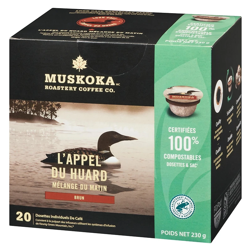 Dosettes de café Mélange Appel du Huard pour le petit-déjeuner de Muskoka Roastery Coffee Co. à torréfaction moyenne en emballage d'une portion