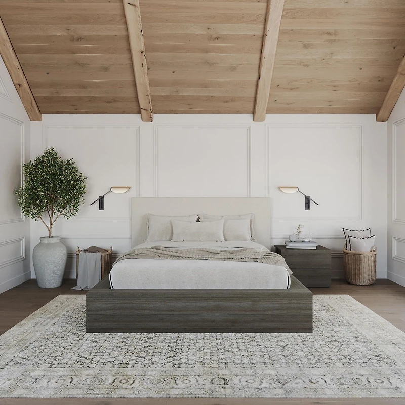 Ensemble de chambre à coucher Jane 3 pièces avec lit queen size, tête de lit rembourrée et table de chevet