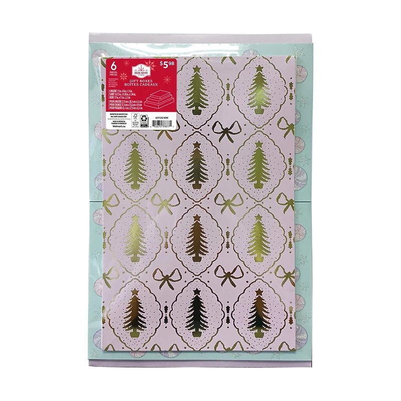 Boîtes-cadeaux Holiday Time pliantes imprimées en carton, 3 tailles assorties, 6 boîtes, Arbres Arcs