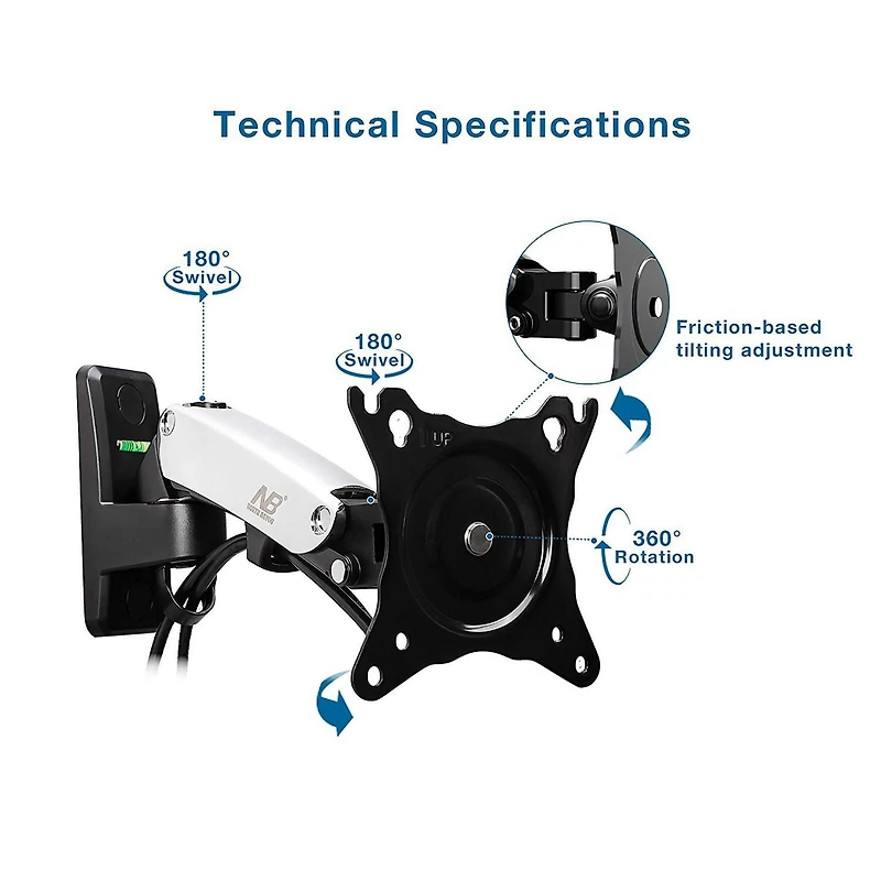 TV moniteur support mural Full Motion pivotant articulé pour écrans 17-27 po de North Bayou F120-S, Argent