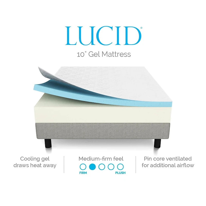 Matelas Lucid 10 pouces à deux couches en mousse à mémoire de forme infusé au gel