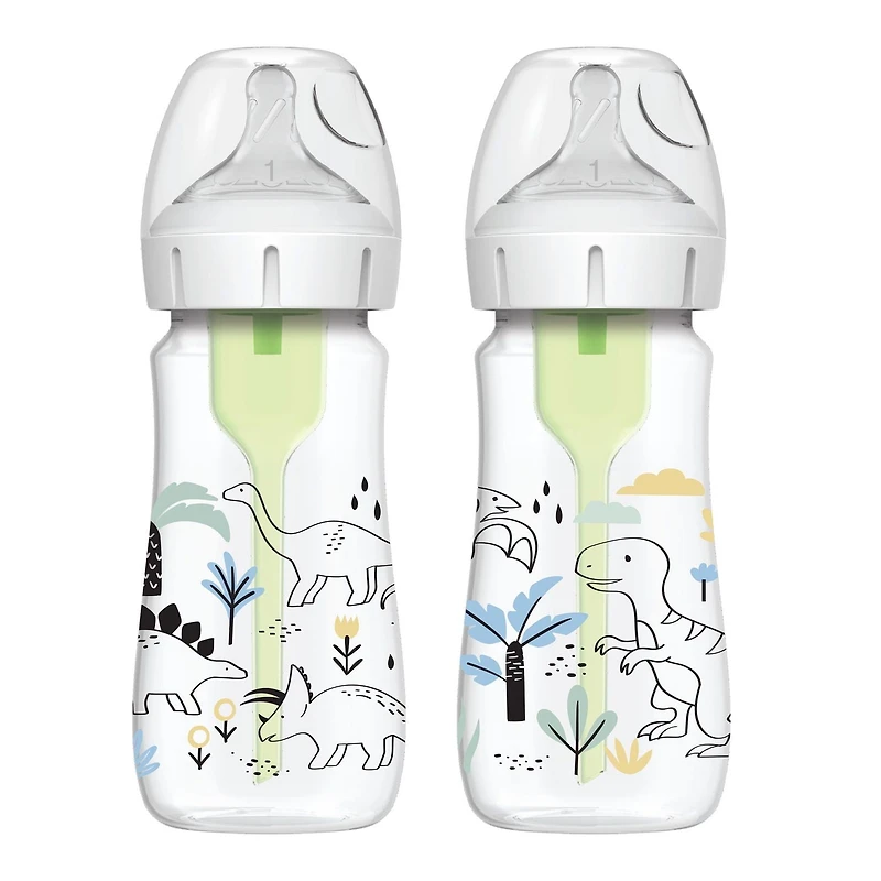 Dr. Brown's Biberons à Débit Naturel Anti-Coliques + Biberons à Col Grand, Édition Spéciale Dino Decos, Lot de 2 Biberons de 270 ml, Tétine Niveau 1