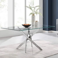 Heavenly Collection Silver Rectangular Tempered Glass Dining Table with Cross Metal Base for Dining Room or Kitchen