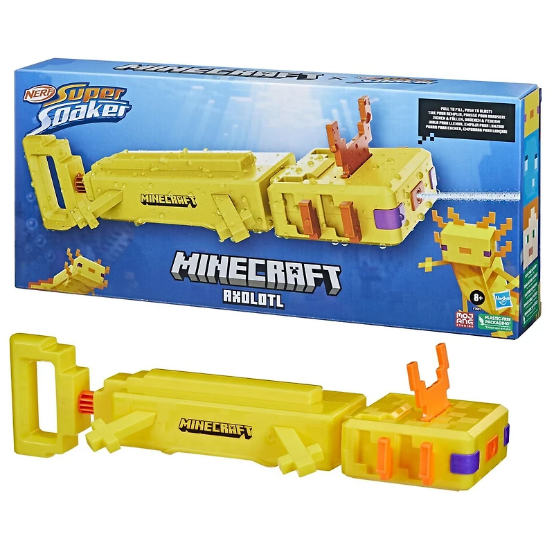 Nerf Super Soaker Minecraft, blaster à eau Axolotl, design du mob Axolotl dans Minecraft, jeu d'eau extérieur pour enfants